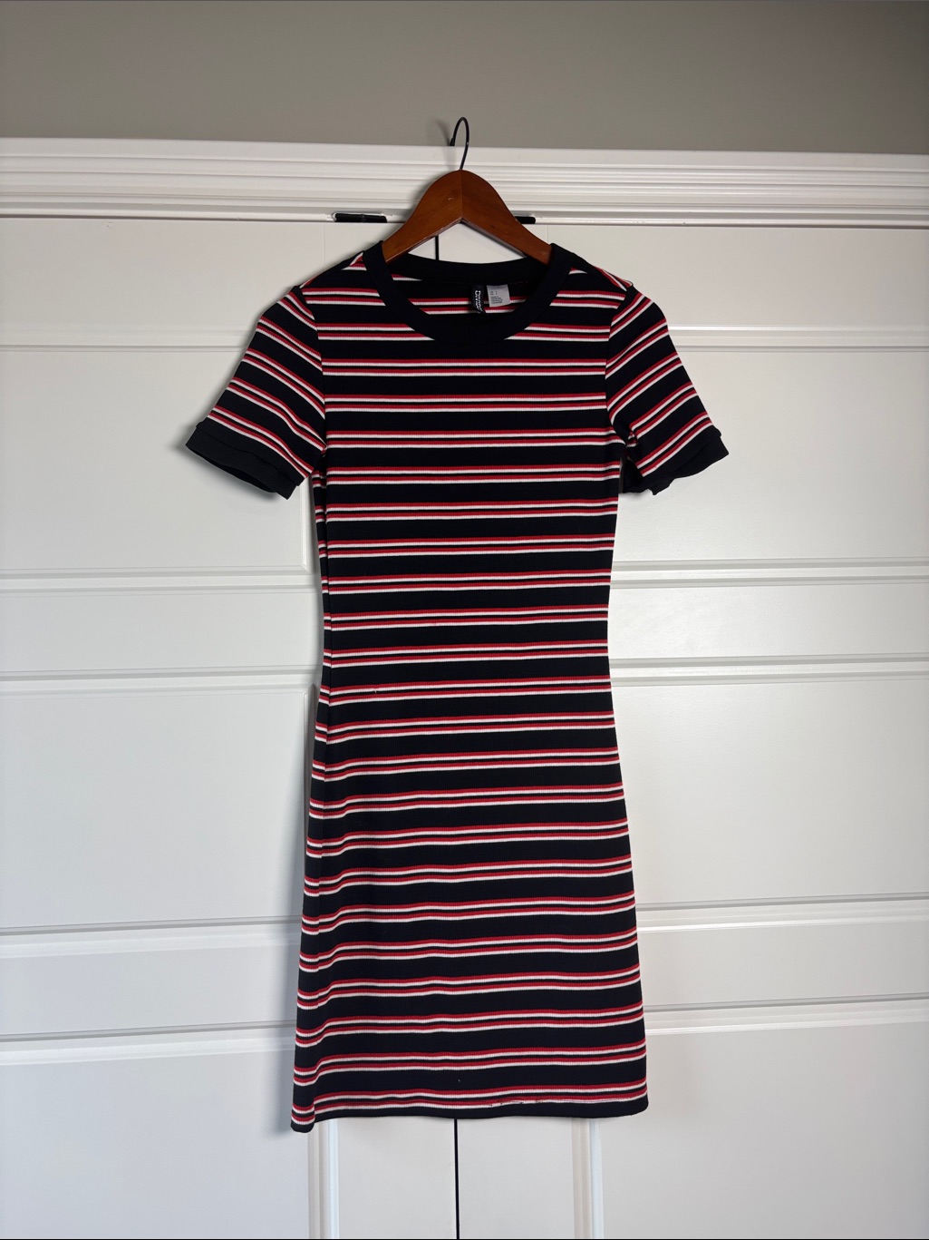 Divided Black And Pink Striped Short Sleeve Mini Dress